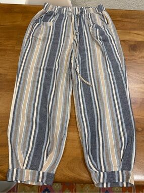 Royalty For Me Linen-Blend High Waist Pants in Blue, Tan & Cream Stripes Size M